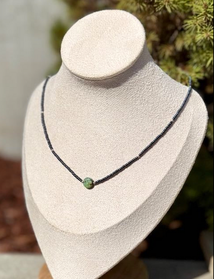 Steel Grey Seed Bead Necklace with African Turquoise Circle Pendant
