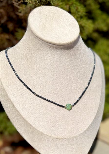 Steel Grey Seed Bead Necklace with African Turquoise Circle Pendant