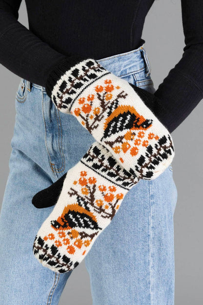 Black & Cream Bird Pattern Knit Mittens