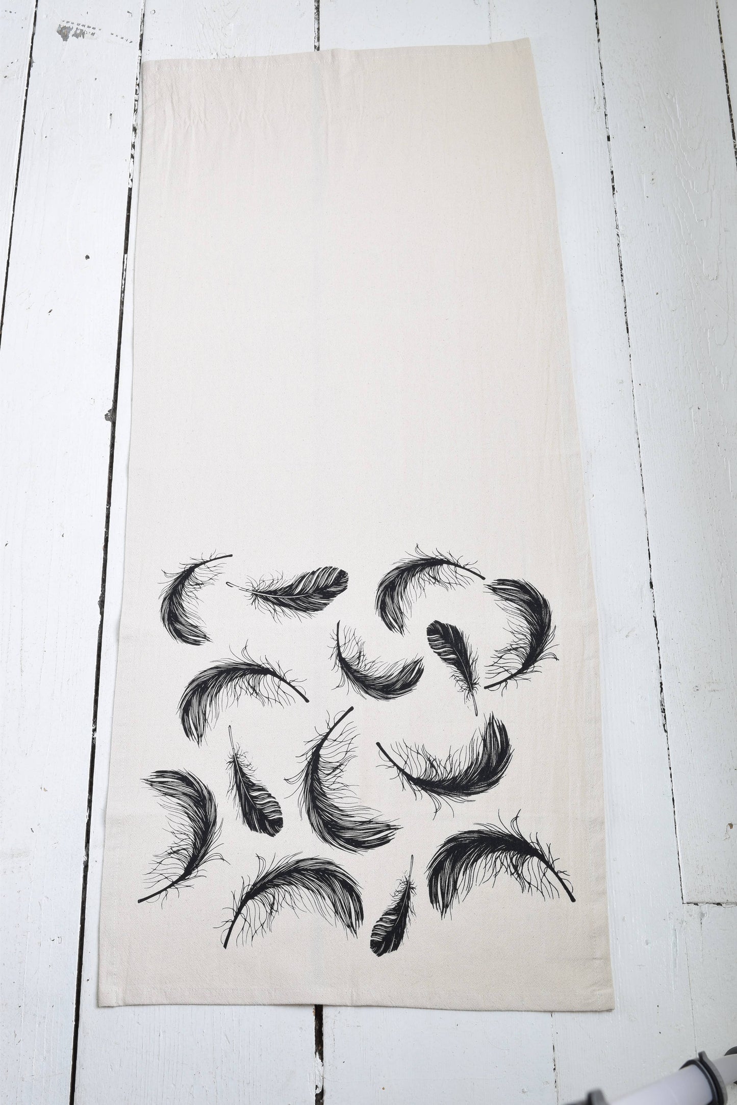 Black Organic Cotton Bird Feather Printed Tea Towel