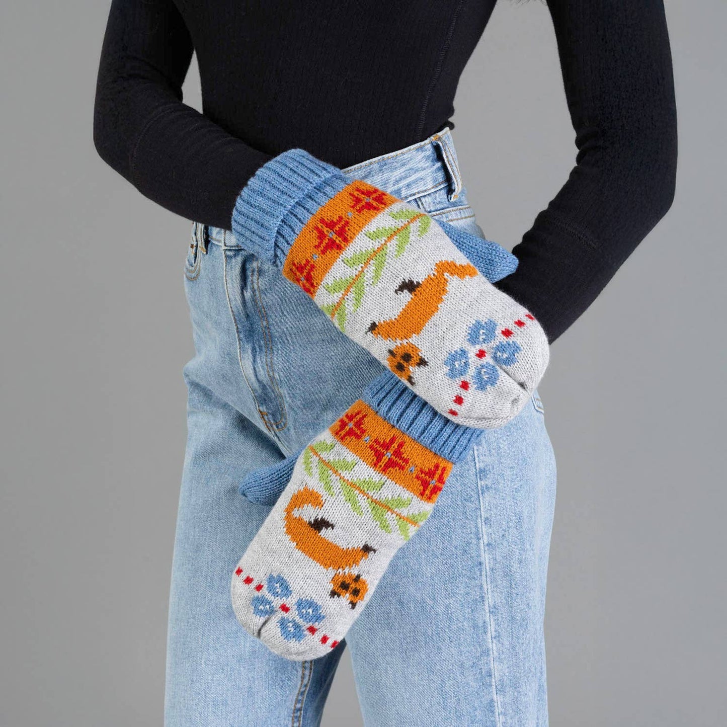 Blue Fox Pattern Knit Mittens