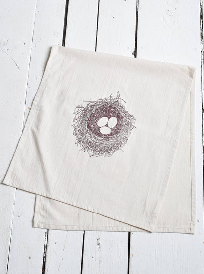 Brown Organic Cotton Bird's Nest Printed Tea Towel