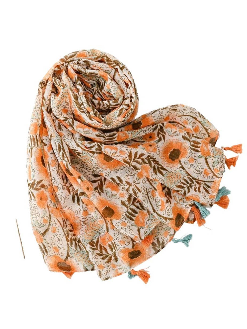 Orange Color Mix Lightweight Boho Floral Print Scarvii Tassel Scarf & Shawl