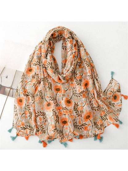 Orange Color Mix Lightweight Boho Floral Print Scarvii Tassel Scarf & Shawl