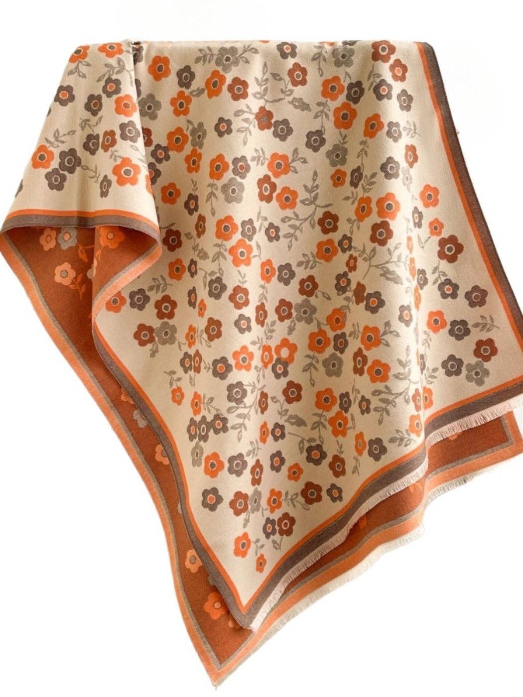Retro Orange & Creamy White Reversible Scarvii Floral Shawl & Scarf