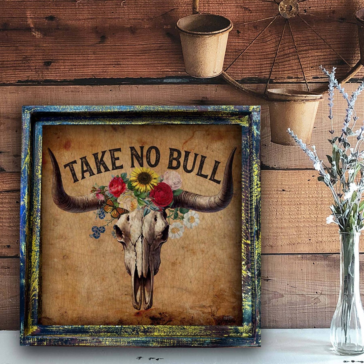 Take No Bull Longhorn Skull - Square Framed Western Themed Artwork