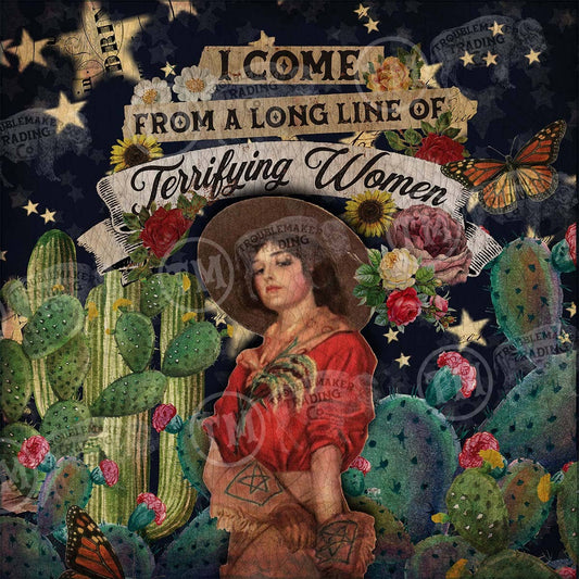I Come from a Long Line of Terrifying Women Square Framed Retro Western Theme Artwork
