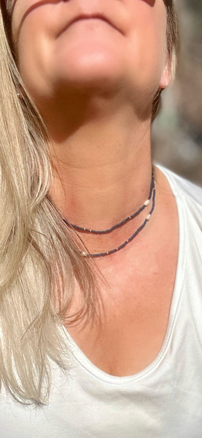 Matte Black 2-in-1 Seed Bead & Freshwater Pearl Bracelet/Necklace