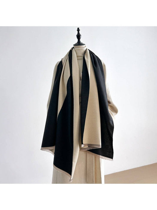 Black & Creamy White Color Block Fringe Scarvii Scarf & Shawl