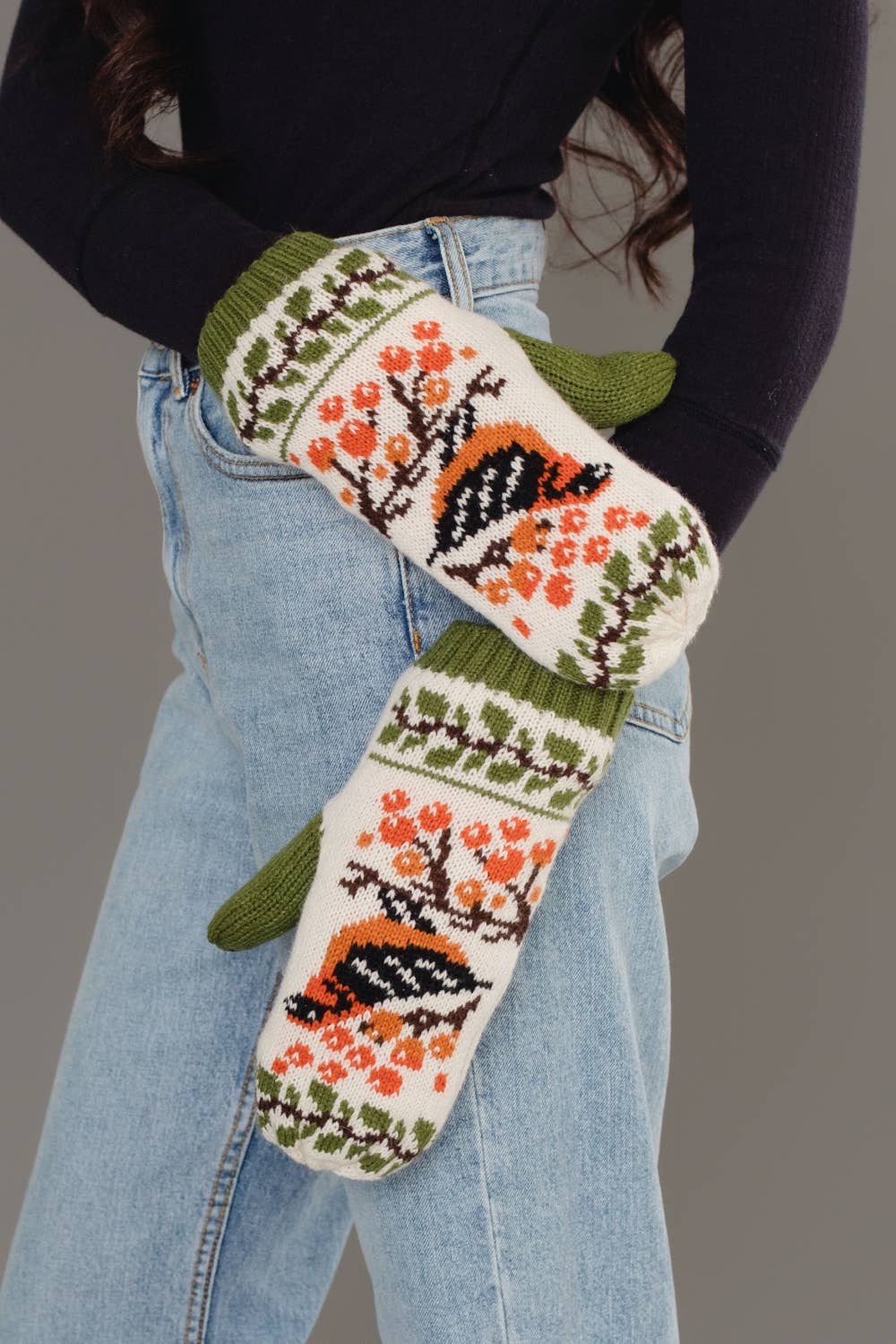 Olive & Cream Bird Pattern Knit Mittens
