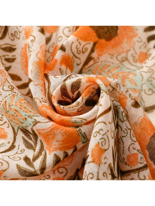 Orange Color Mix Lightweight Boho Floral Print Scarvii Tassel Scarf & Shawl