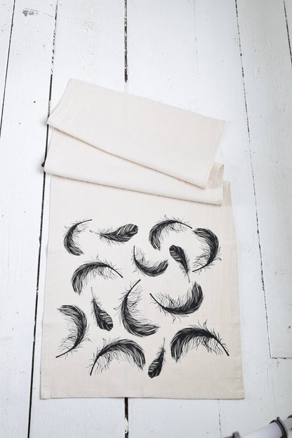 Black Organic Cotton Bird Feather Printed Tea Towel