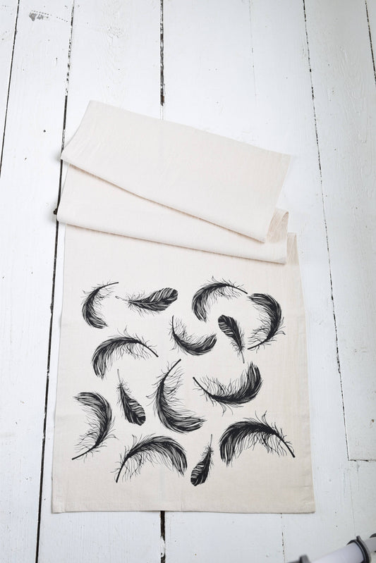 Black Organic Cotton Bird Feather Printed Tea Towel