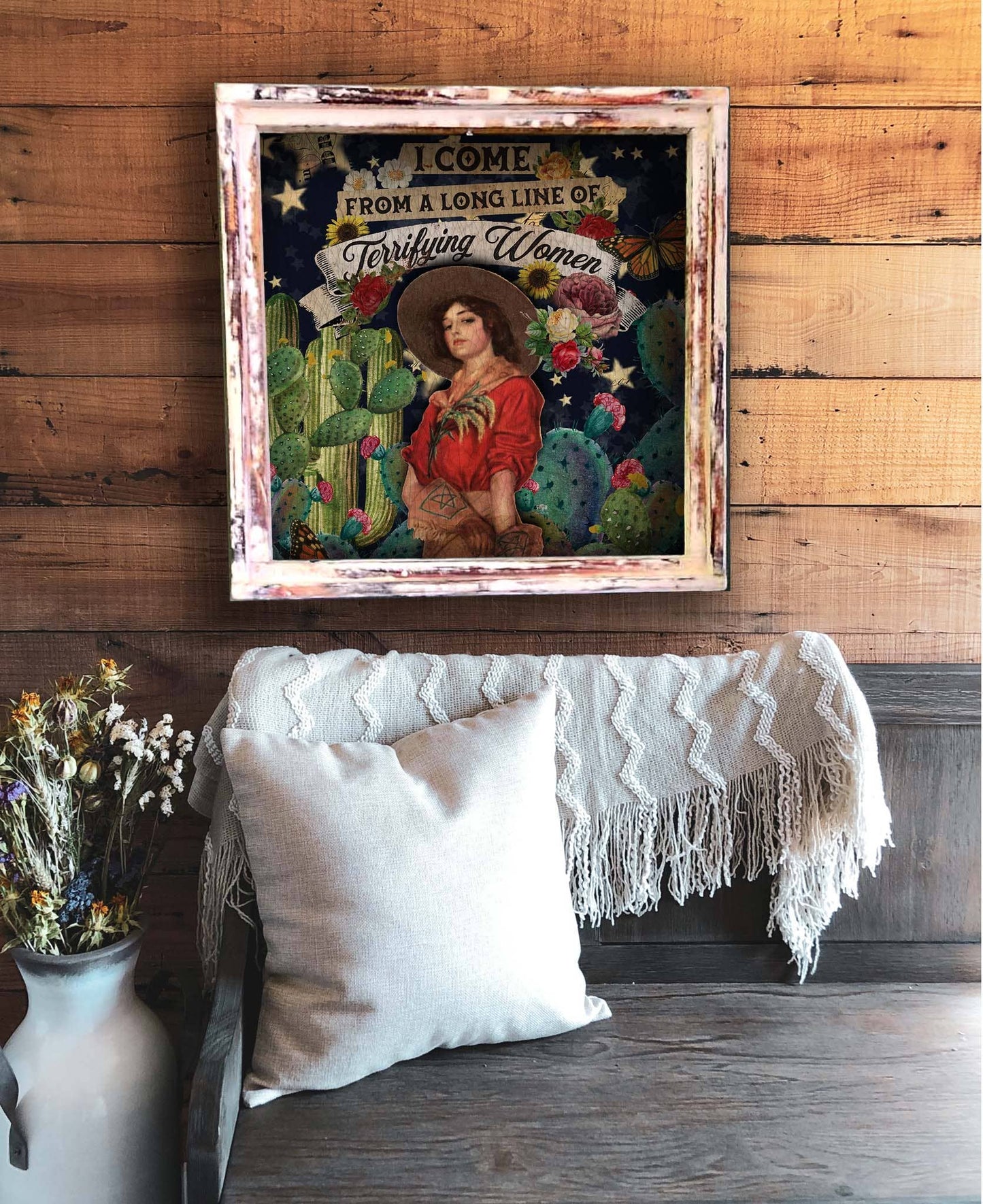 I Come from a Long Line of Terrifying Women Square Framed Retro Western Theme Artwork