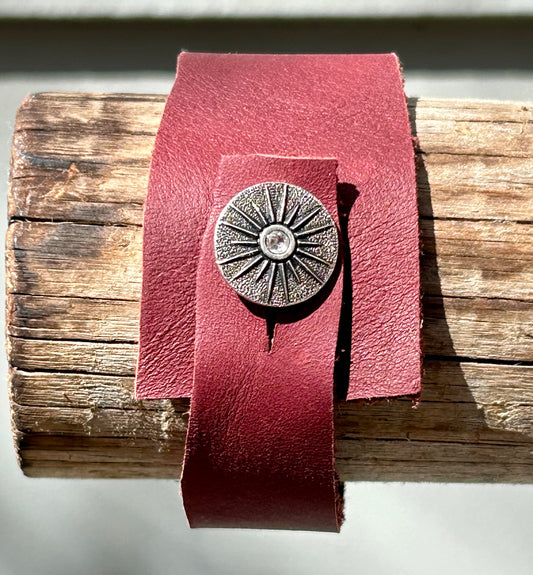 Red Leather Cuff with Star-Bling Button