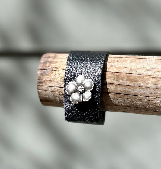 Black Leather Cuff Bracelet with Silver Flower Button Clasp