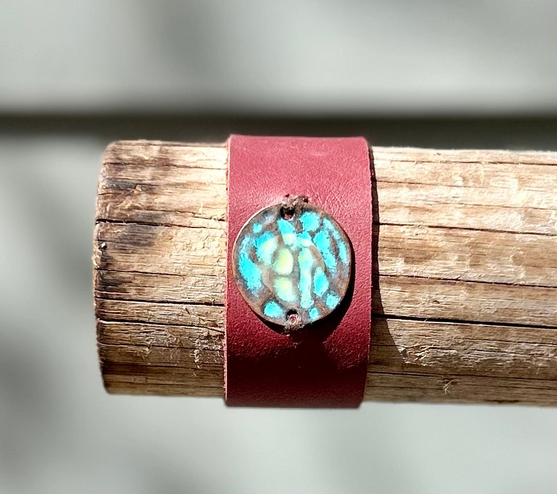 Red Leather Cuff with Turquoise Metal