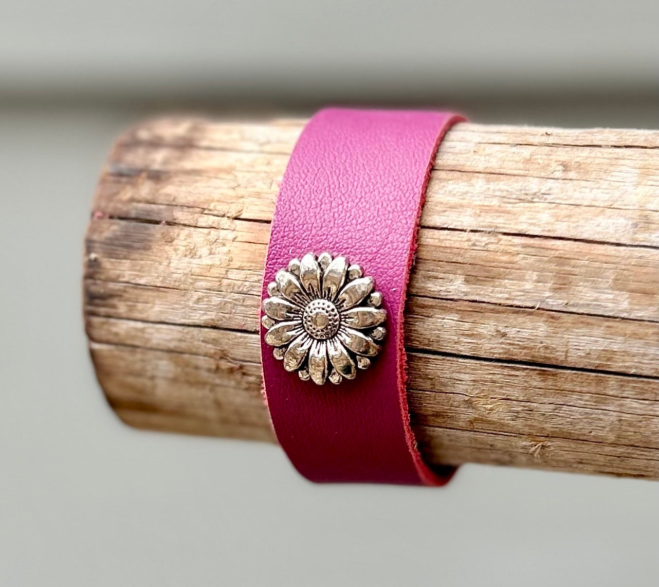 Pink Leather Cuff with Silver Sunflower
