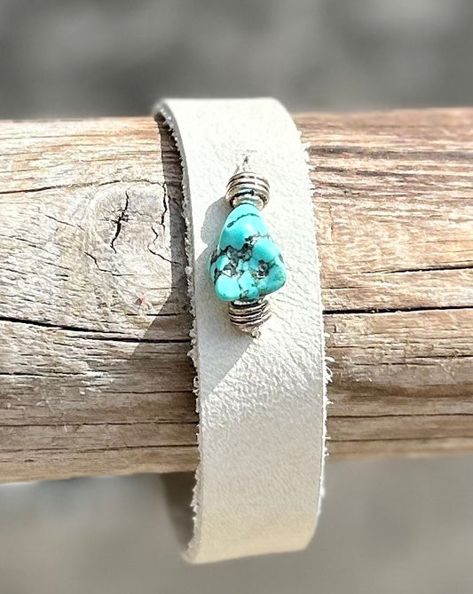 White Leather Cuff with Turquoise and Silver