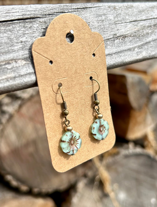 Turquoise & Bronze Etched Glass Hibiscus Flower Earrings