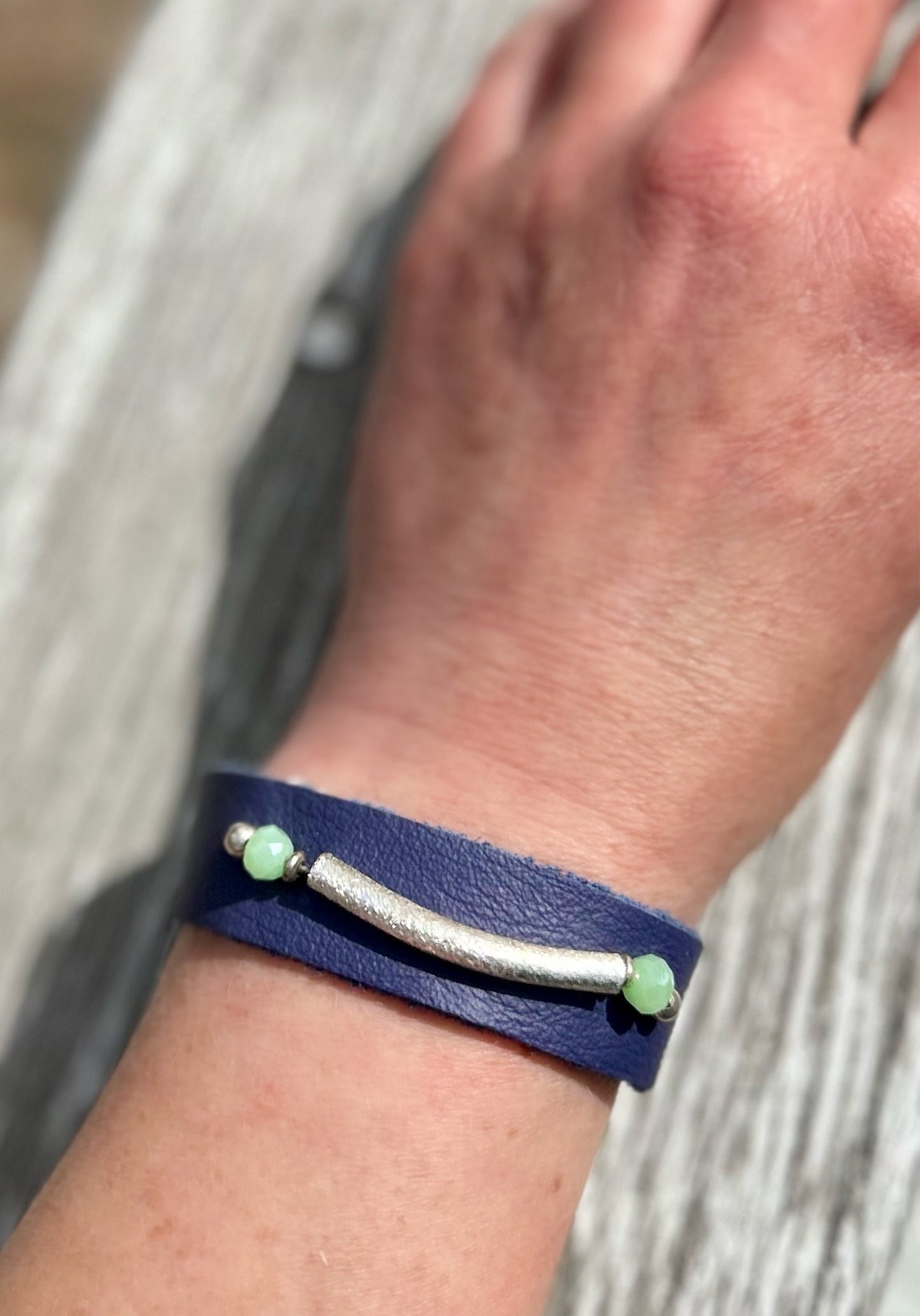 Navy Blue Leather Bracelet with Silver Band