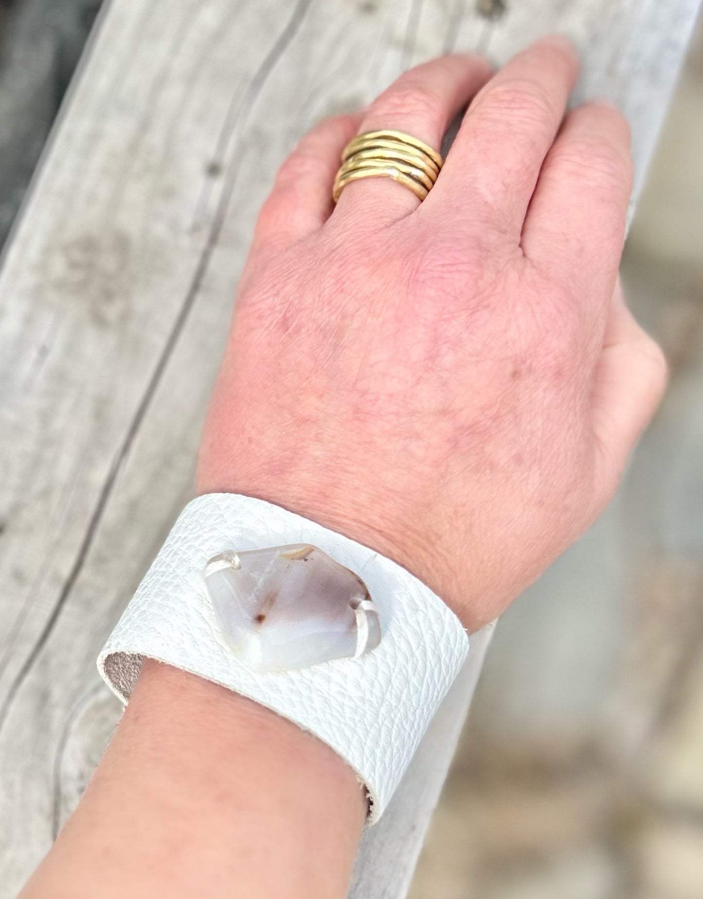White Leather Cuff with Polished Quartz