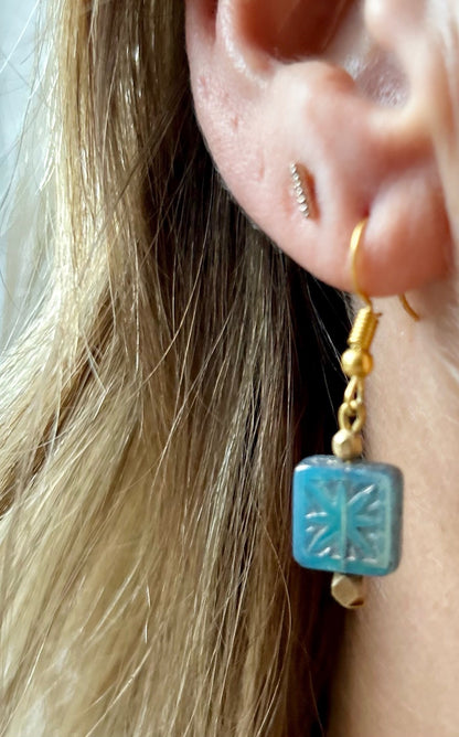 Blue & Gold Star-Flower Etched Glass Earrings
